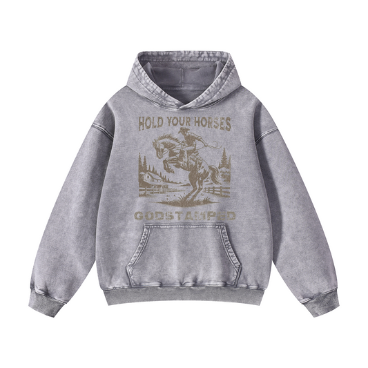 "HOLD YOUR HORSES" Acid Wash Oversized Hoodies