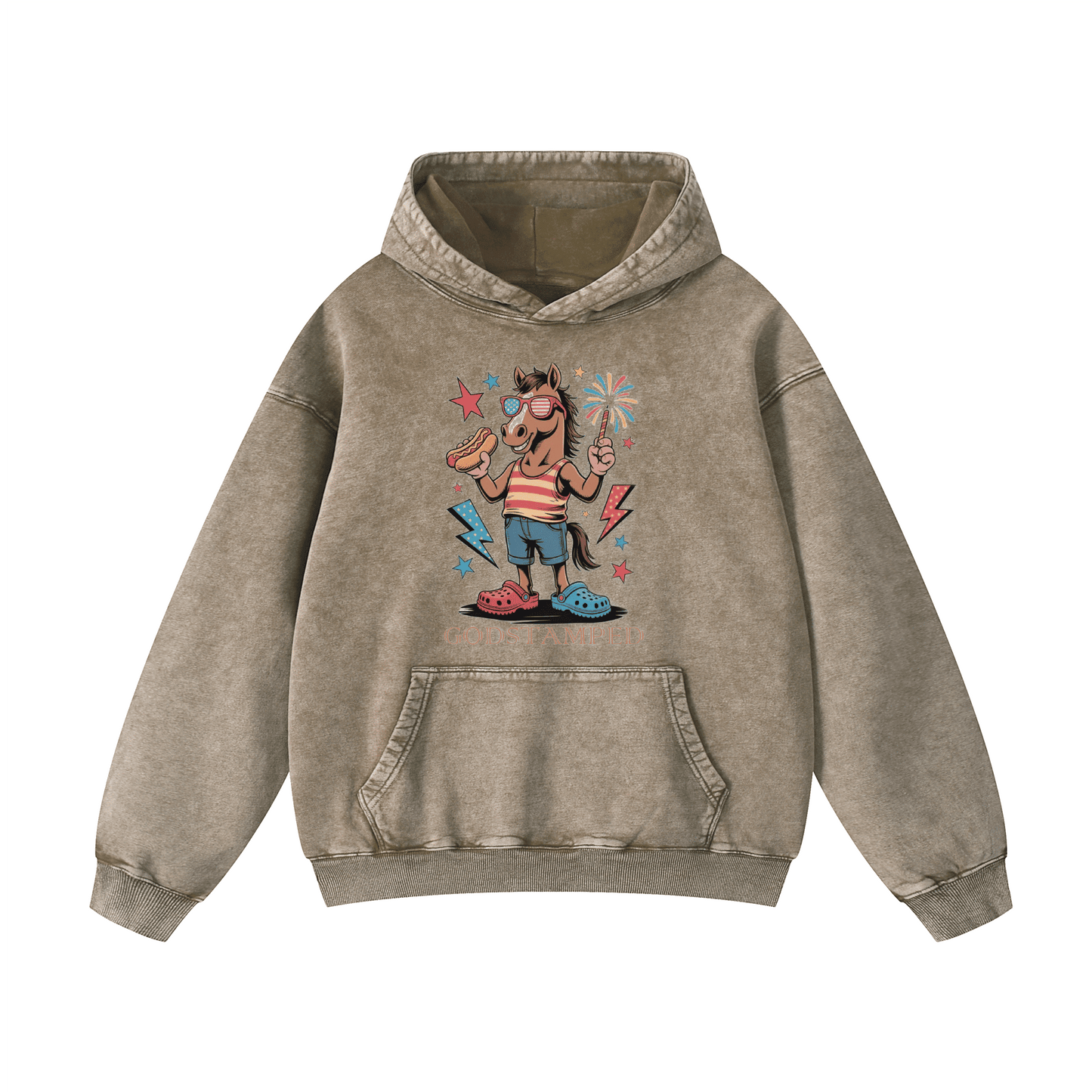 Festive Horse Acid Wash Oversized Hoodies
