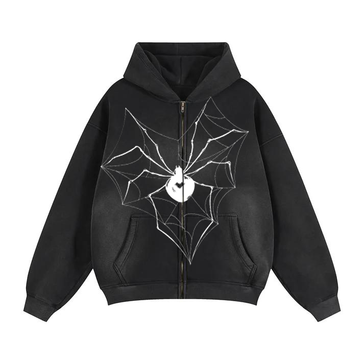Spider-Print Casual Cropped Waist-Defining Black Zipper Hoodie
