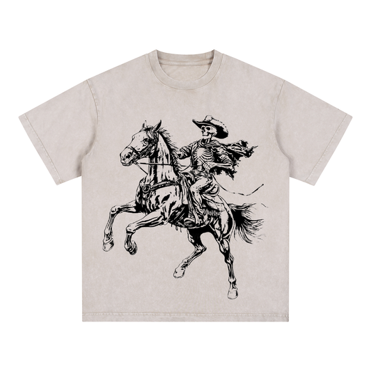 FINE HORSE Acid Wash Oversized Short-Sleeved T-Shirt