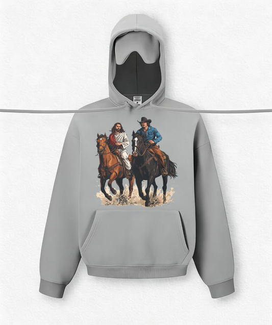 Jesus and the cowboy ride together Travel Hoodies