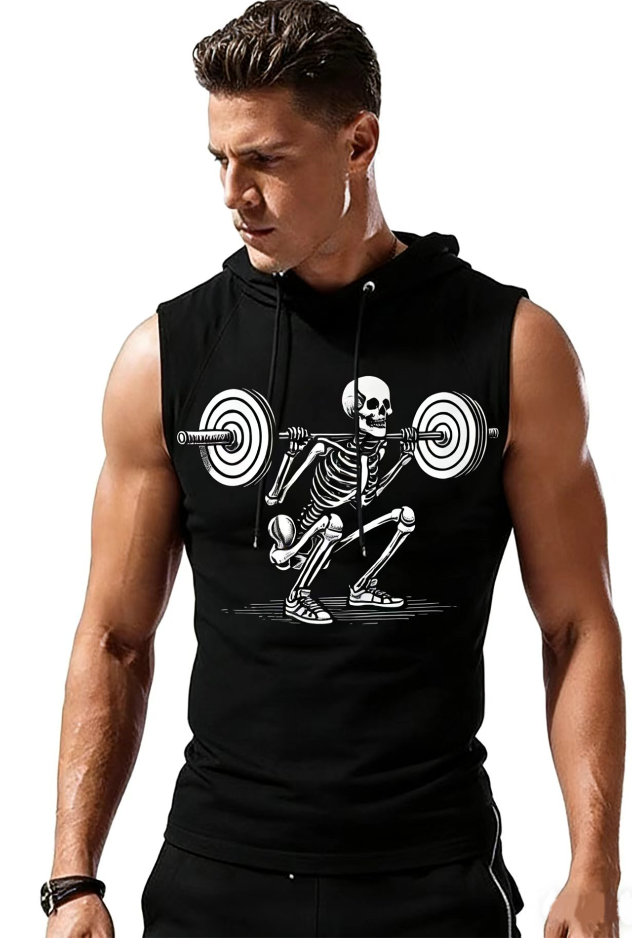 Casual Sports Men's Workout Sleeveless Hoodie ( Lift the Barbell)MODEL