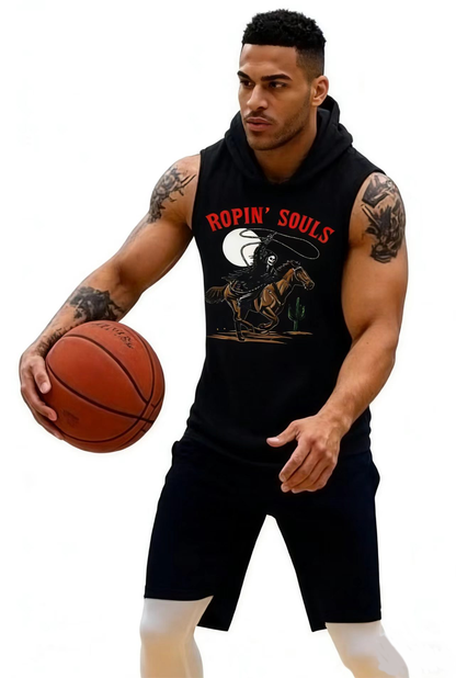 Casual Sports Men's Workout Sleeveless Hoodie ( Ropin' Souls)MODEL