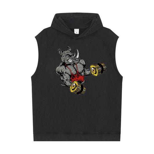 Casual Sports Men's Workout Sleeveless Hoodie (Rhino  Dumbbell Training)