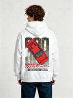 Red Racer Classic 1985 Supercar Graphic Cropped Hoodie Retro Racing Car Streetwear Back Print Hoodie