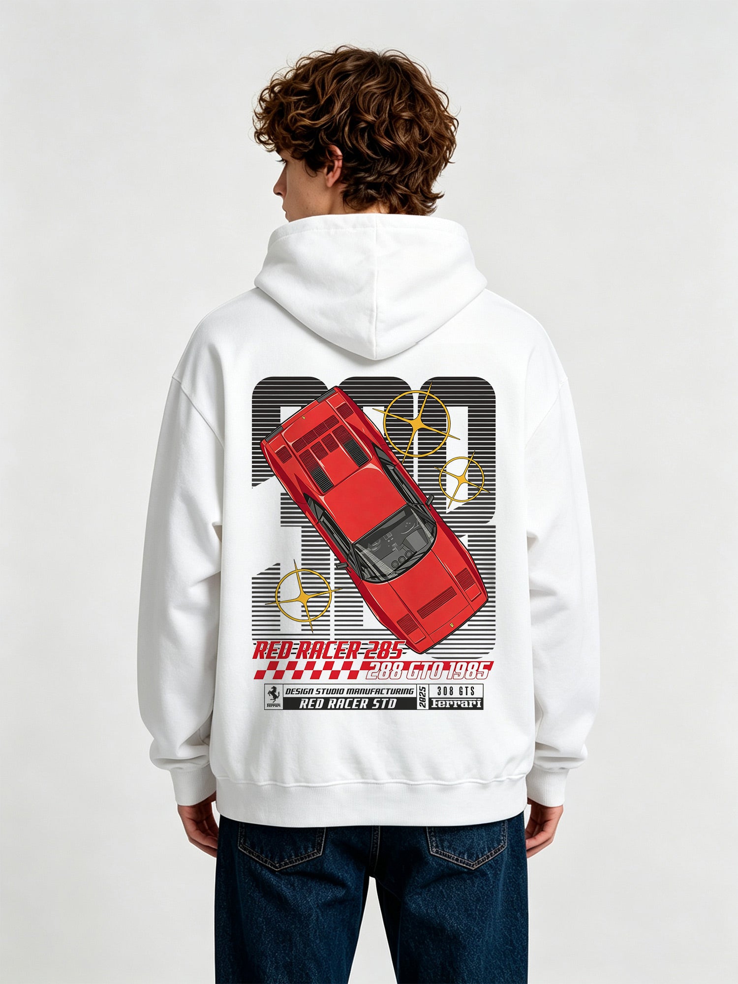 Red Racer Classic 1985 Supercar Graphic Cropped Hoodie Retro Racing Car Streetwear Back Print Hoodie