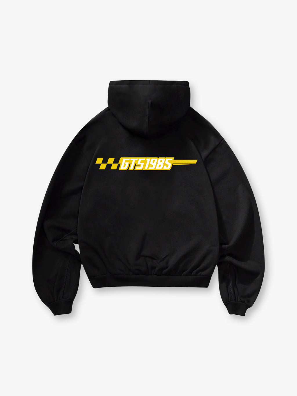 T5 1985 Racing Checkered Flag Text Back Print Cropped Hoodie Motorsport Automotive Streetwear Hoodie