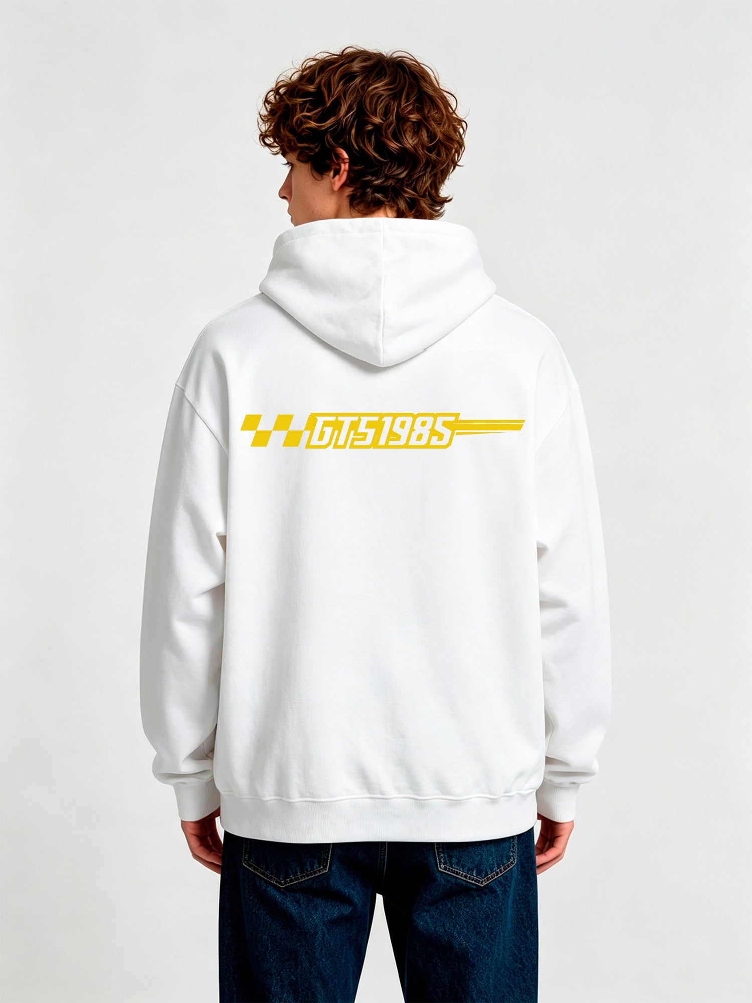 T5 1985 Racing Checkered Flag Text Back Print Cropped Hoodie Motorsport Automotive Streetwear Hoodie