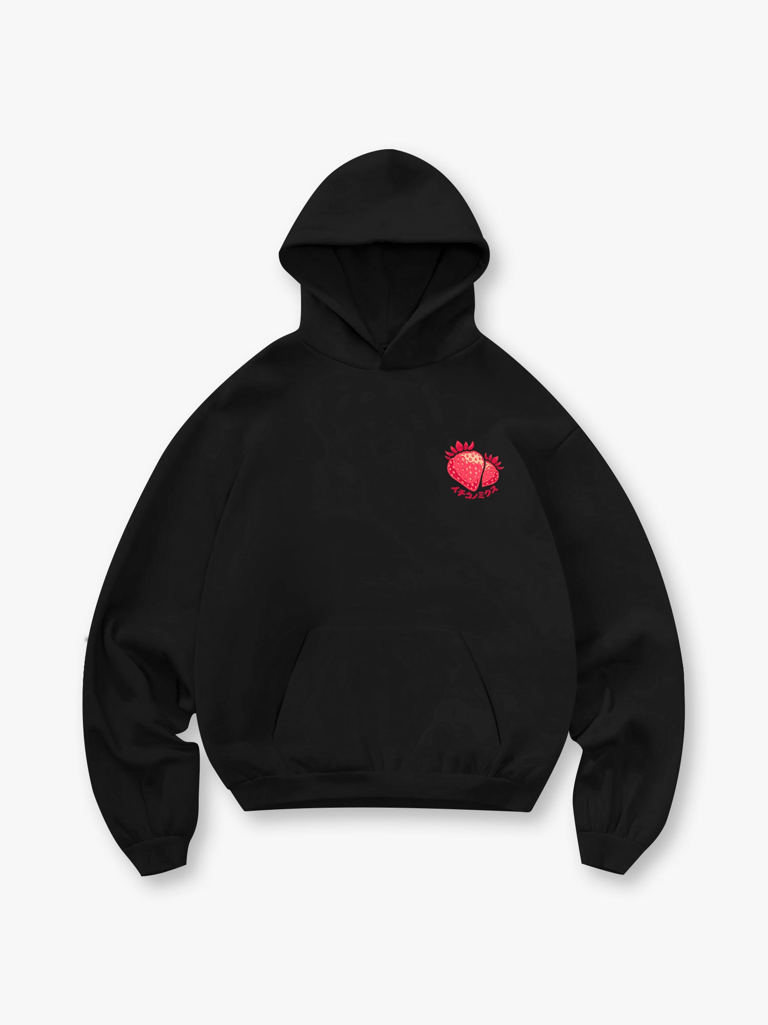 Small Chest Red Strawberry Japanese Katakana Minimal Hoodie Cute Fruit Casual Sweatshirt