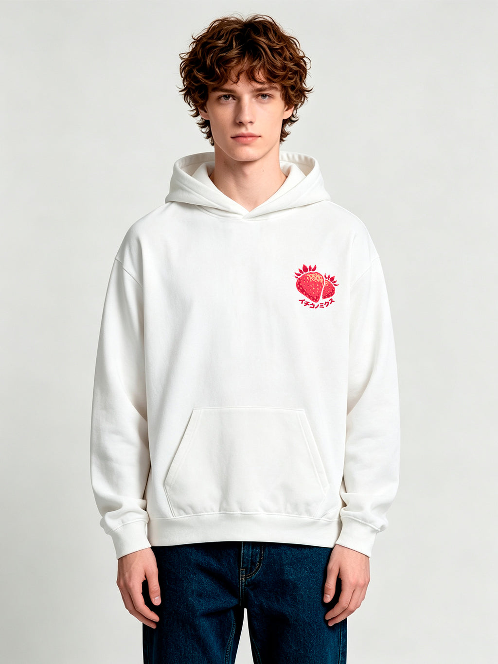 Small Chest Red Strawberry Japanese Katakana Minimal Hoodie Cute Fruit Casual Sweatshirt