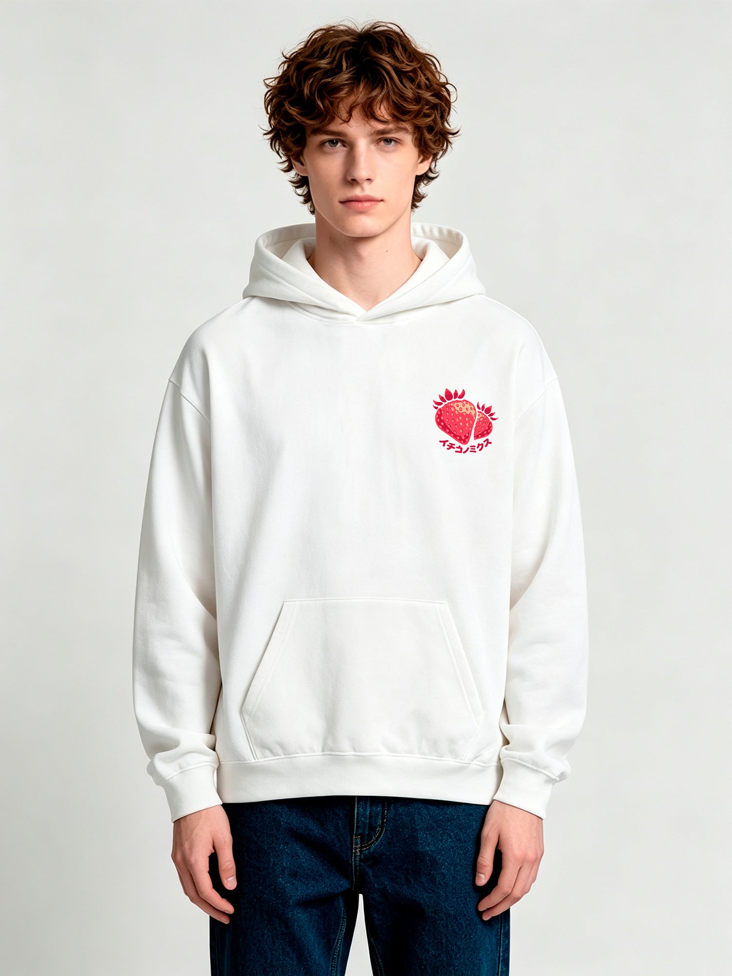 Small Chest Red Strawberry Japanese Katakana Minimal Hoodie Cute Fruit Casual Sweatshirt