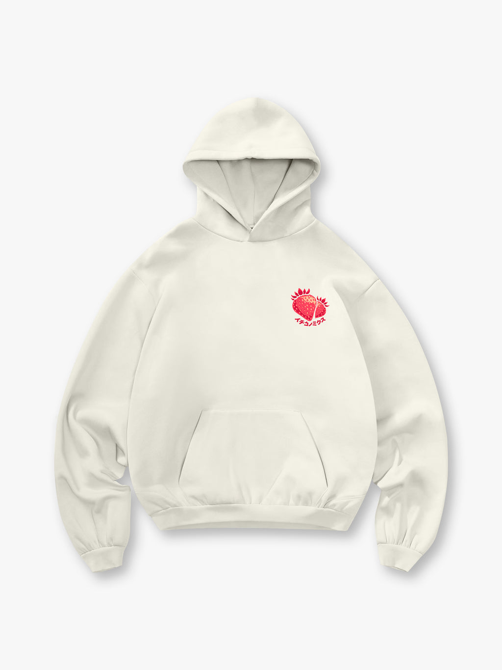 Small Chest Red Strawberry Japanese Katakana Minimal Hoodie Cute Fruit Casual Sweatshirt