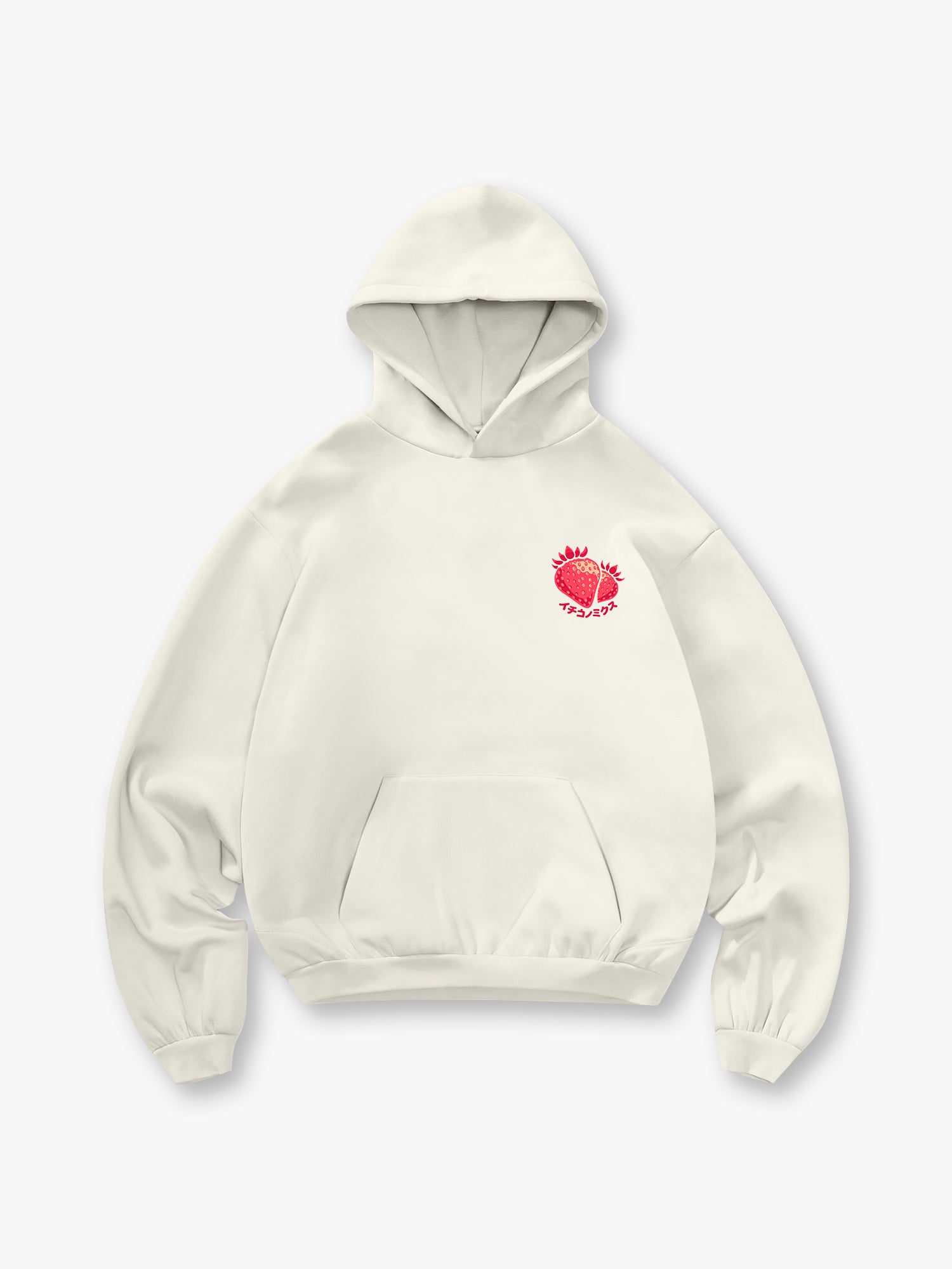 Small Chest Red Strawberry Japanese Katakana Minimal Hoodie Cute Fruit Casual Sweatshirt