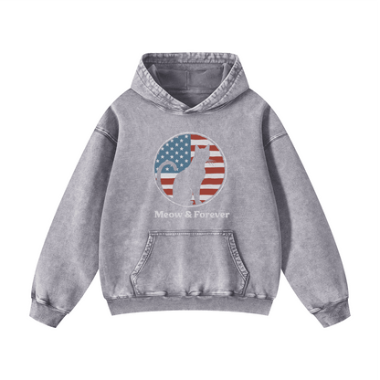 "MEOW & FOREVER"  Acid-Washed Cat Hoodies