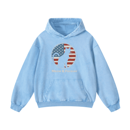 "MEOW & FOREVER"  Acid-Washed Cat Hoodies