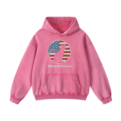 "MEOW & FOREVER"  Acid-Washed Cat Hoodies