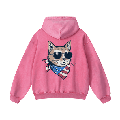 "MEOW & FOREVER"  Acid-Washed Cat Hoodies