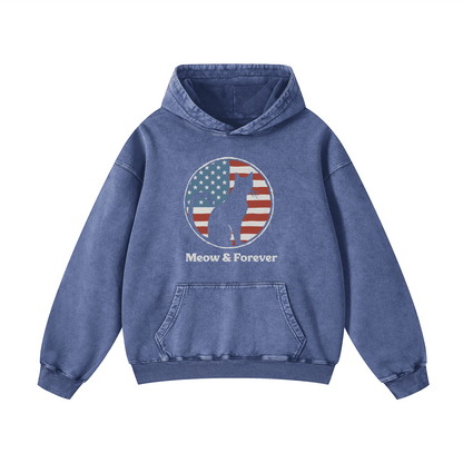"MEOW & FOREVER"  Acid-Washed Cat Hoodies