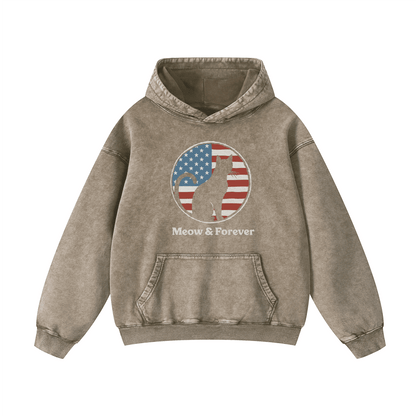 "MEOW & FOREVER"  Acid-Washed Cat Hoodies