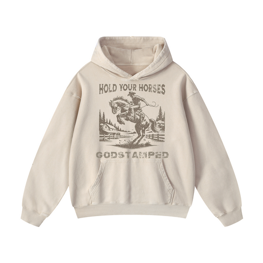 "HOLD YOUR HORSES" Acid Wash Oversized Hoodies