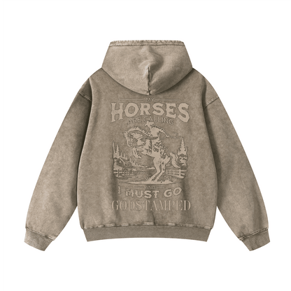 "MY HORSES ARE CALLING AND I MUST GO" Acid Wash Oversized Hoodies