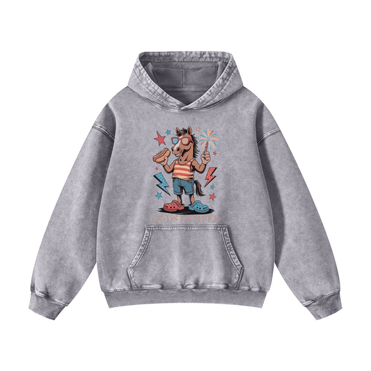 Festive Horse Acid Wash Oversized Hoodies
