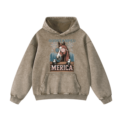 Merica Horse Acid Wash Oversized Hoodies