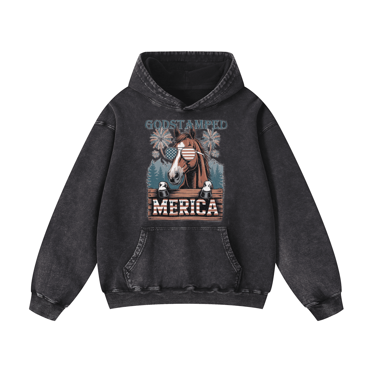 Merica Horse Acid Wash Oversized Hoodies
