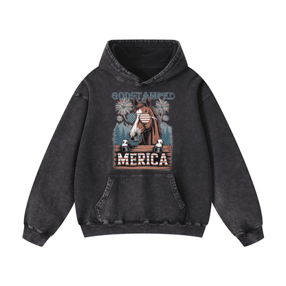 Merica Horse Acid Wash Oversized Hoodies