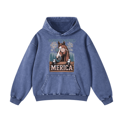 Merica Horse Acid Wash Oversized Hoodies