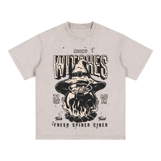 "WITCHES,FRESH SPIDER CIDER" Acid Wash Oversized T-Shirt