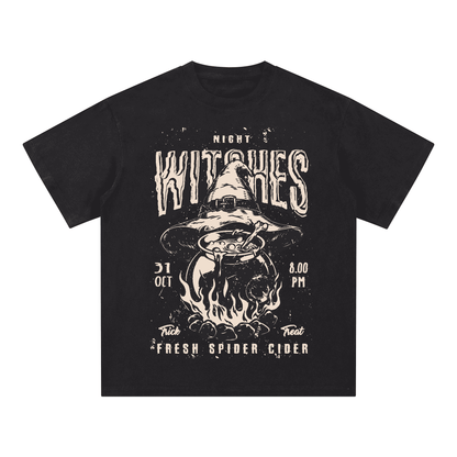 "WITCHES,FRESH SPIDER CIDER" Acid Wash Oversized T-Shirt