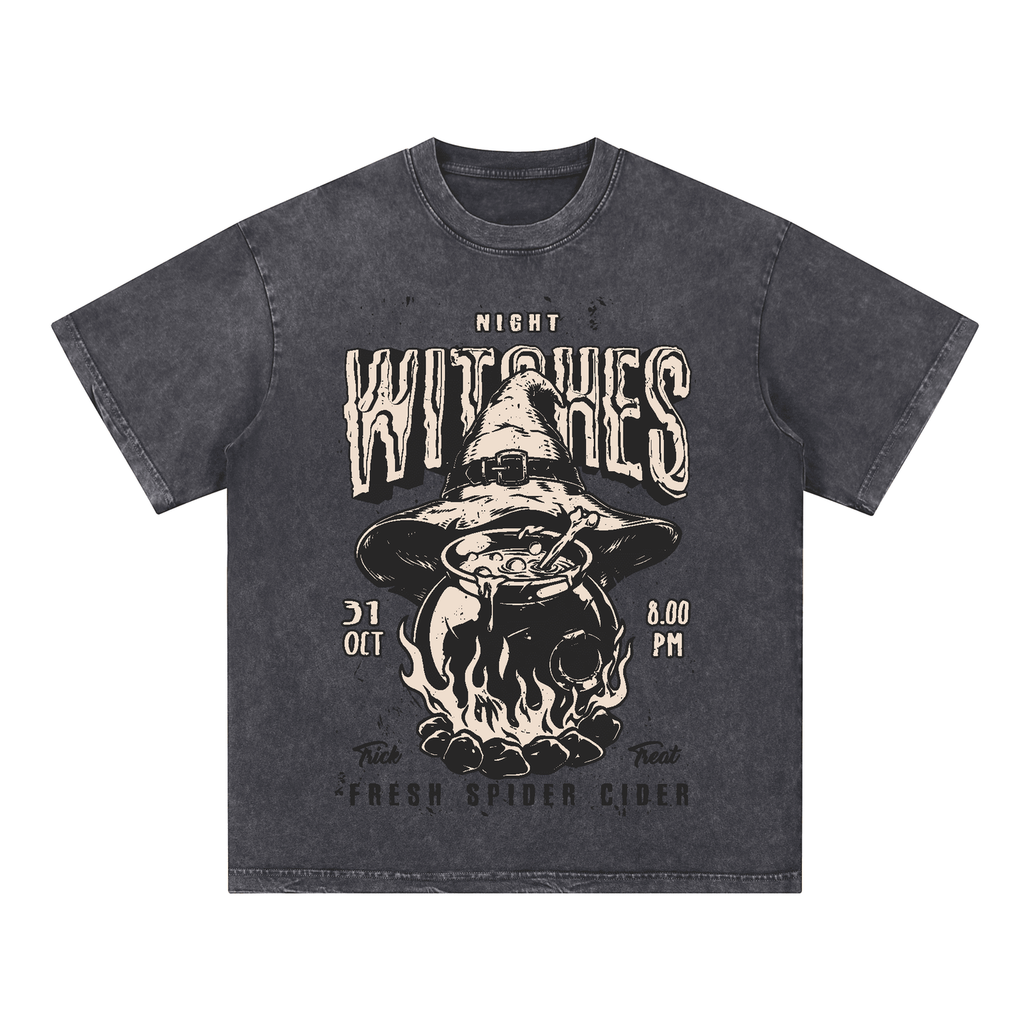"WITCHES,FRESH SPIDER CIDER" Acid Wash Oversized T-Shirt
