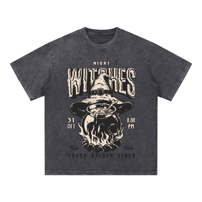 "WITCHES,FRESH SPIDER CIDER" Acid Wash Oversized T-Shirt