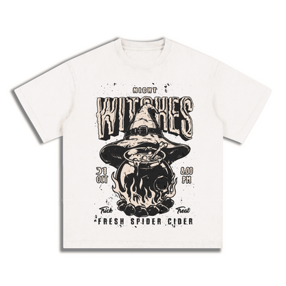 "WITCHES,FRESH SPIDER CIDER" Acid Wash Oversized T-Shirt