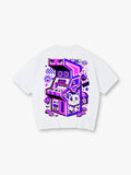 Arcade Machine Lucky Cat Back Print T-Shirt Retro Cartoon Gaming Graphic Short Sleeve Tee Vintage Video Game Streetwear Cotton Top
