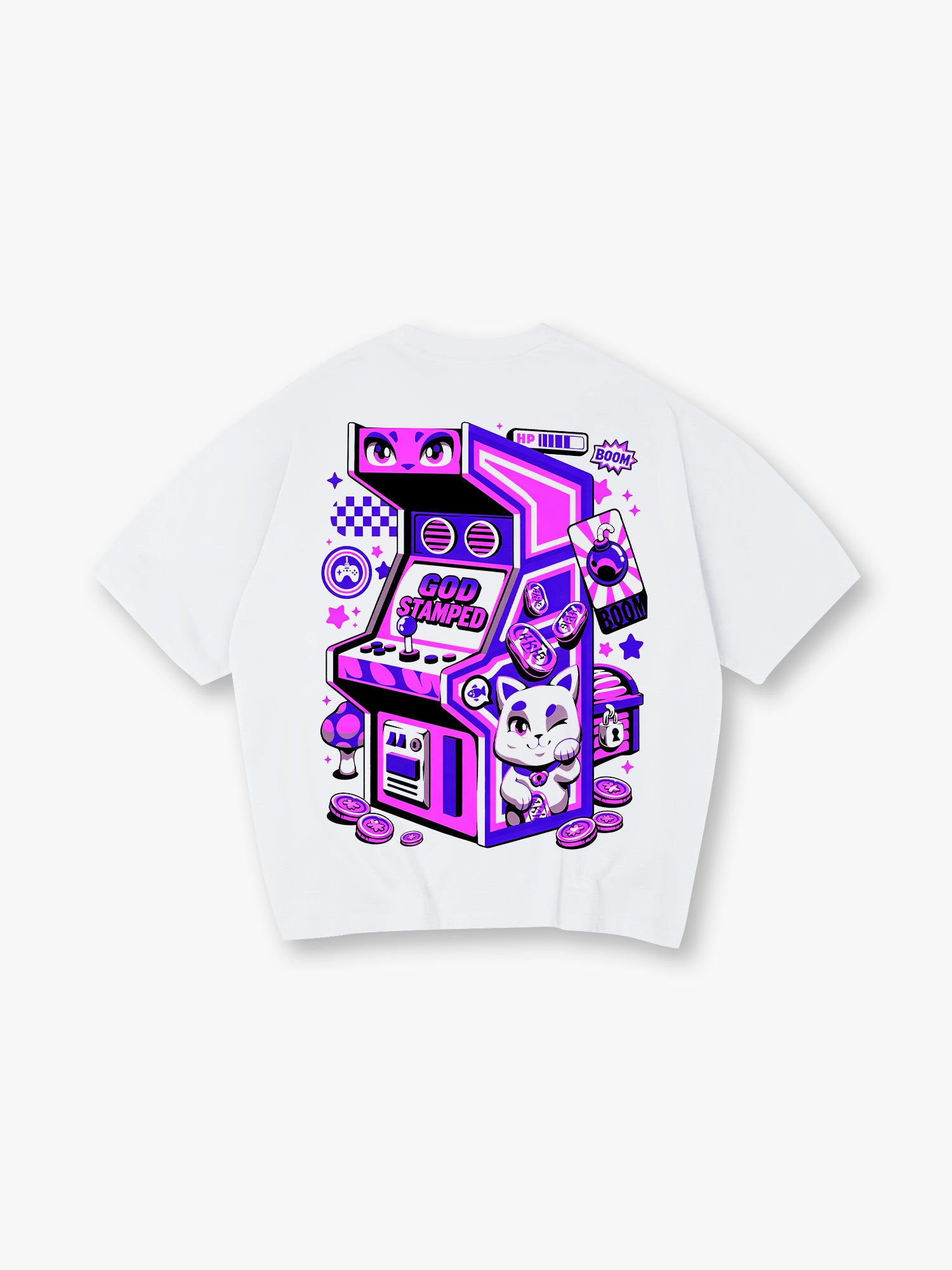Arcade Machine Lucky Cat Back Print T-Shirt Retro Cartoon Gaming Graphic Short Sleeve Tee Vintage Video Game Streetwear Cotton Top