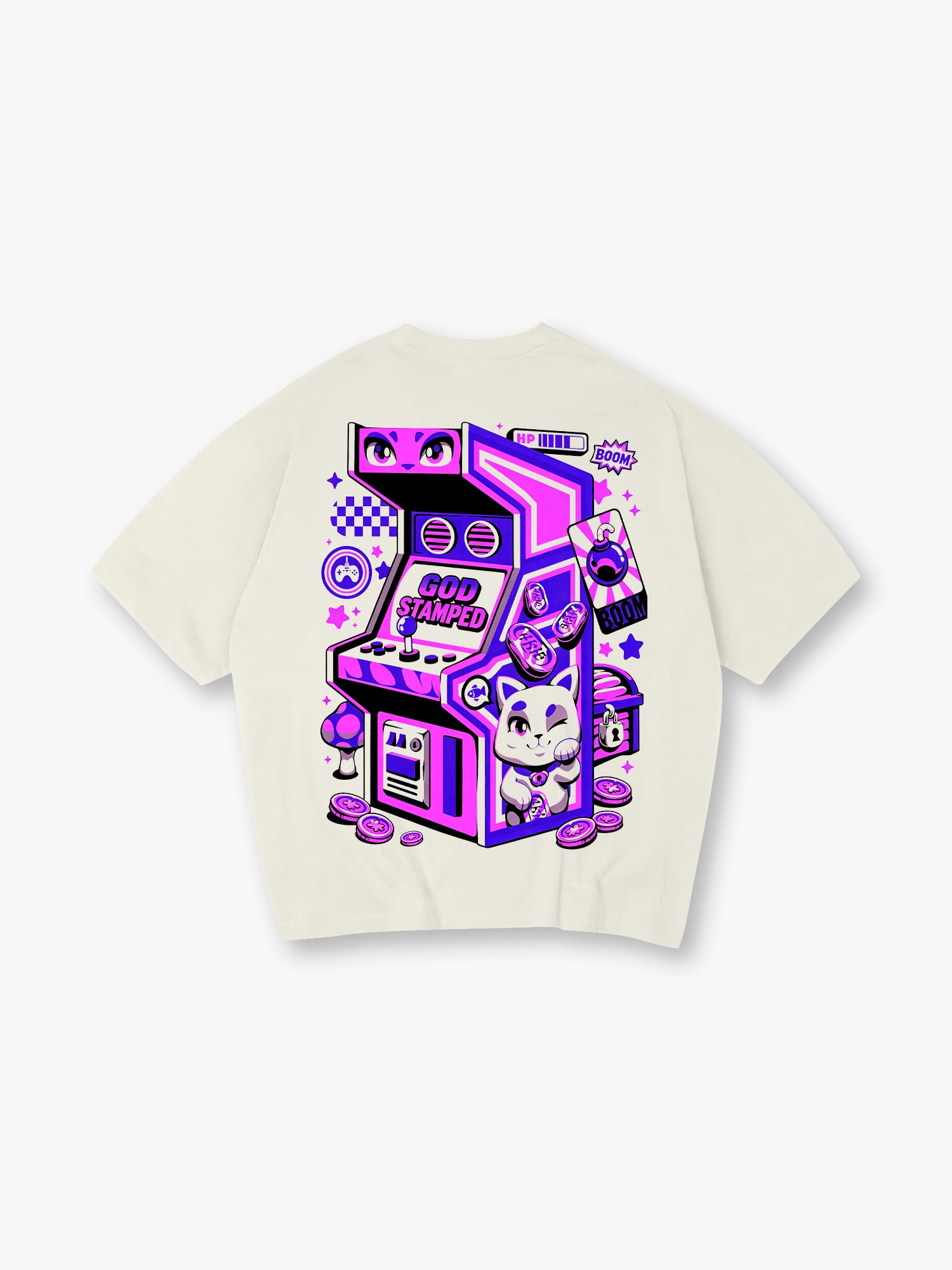 Arcade Machine Lucky Cat Back Print T-Shirt Retro Cartoon Gaming Graphic Short Sleeve Tee Vintage Video Game Streetwear Cotton Top