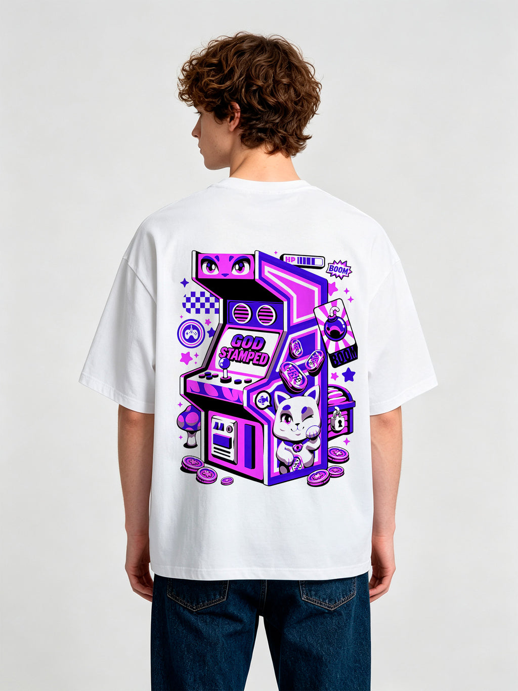 Arcade Machine Lucky Cat Back Print T-Shirt Retro Cartoon Gaming Graphic Short Sleeve Tee Vintage Video Game Streetwear Cotton Top