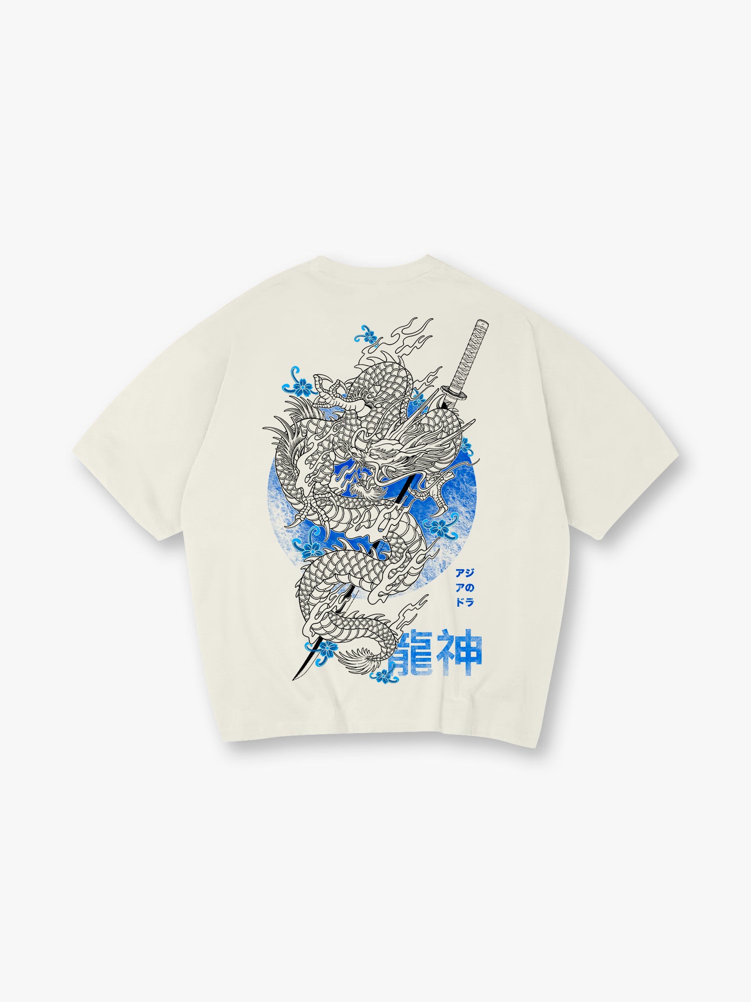 Japanese Ryujin Dragon Katana Back Print T-Shirt Vintage Asian Dragon Graphic Short Sleeve Tee