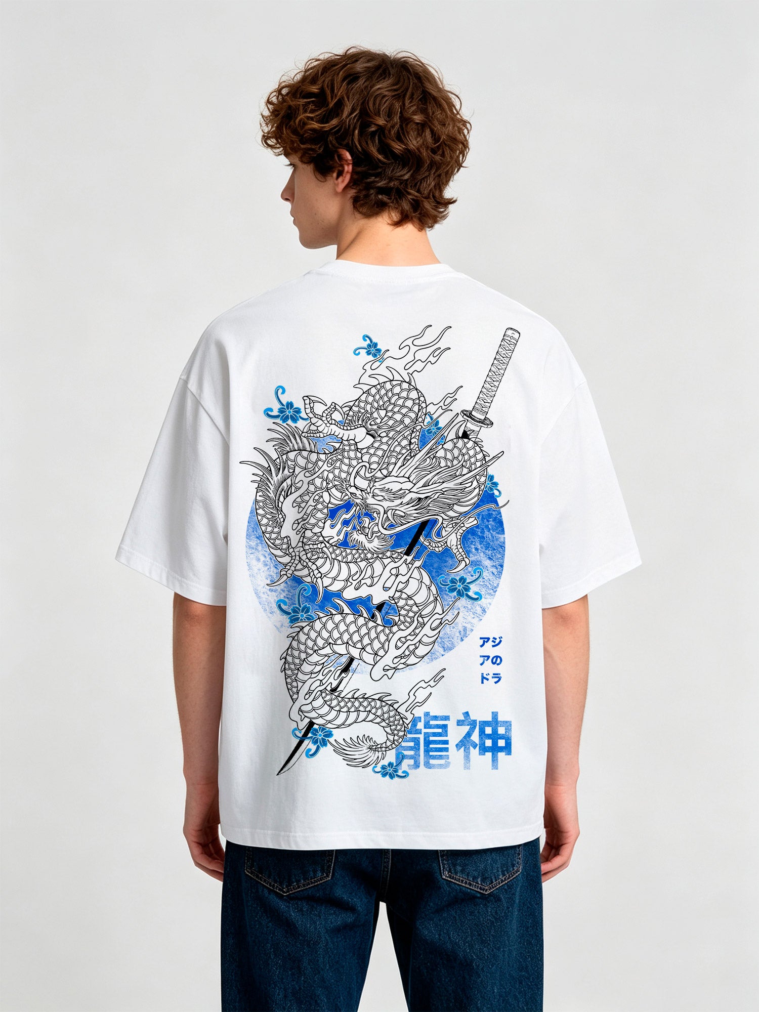 Japanese Ryujin Dragon Katana Back Print T-Shirt Vintage Asian Dragon Graphic Short Sleeve Tee