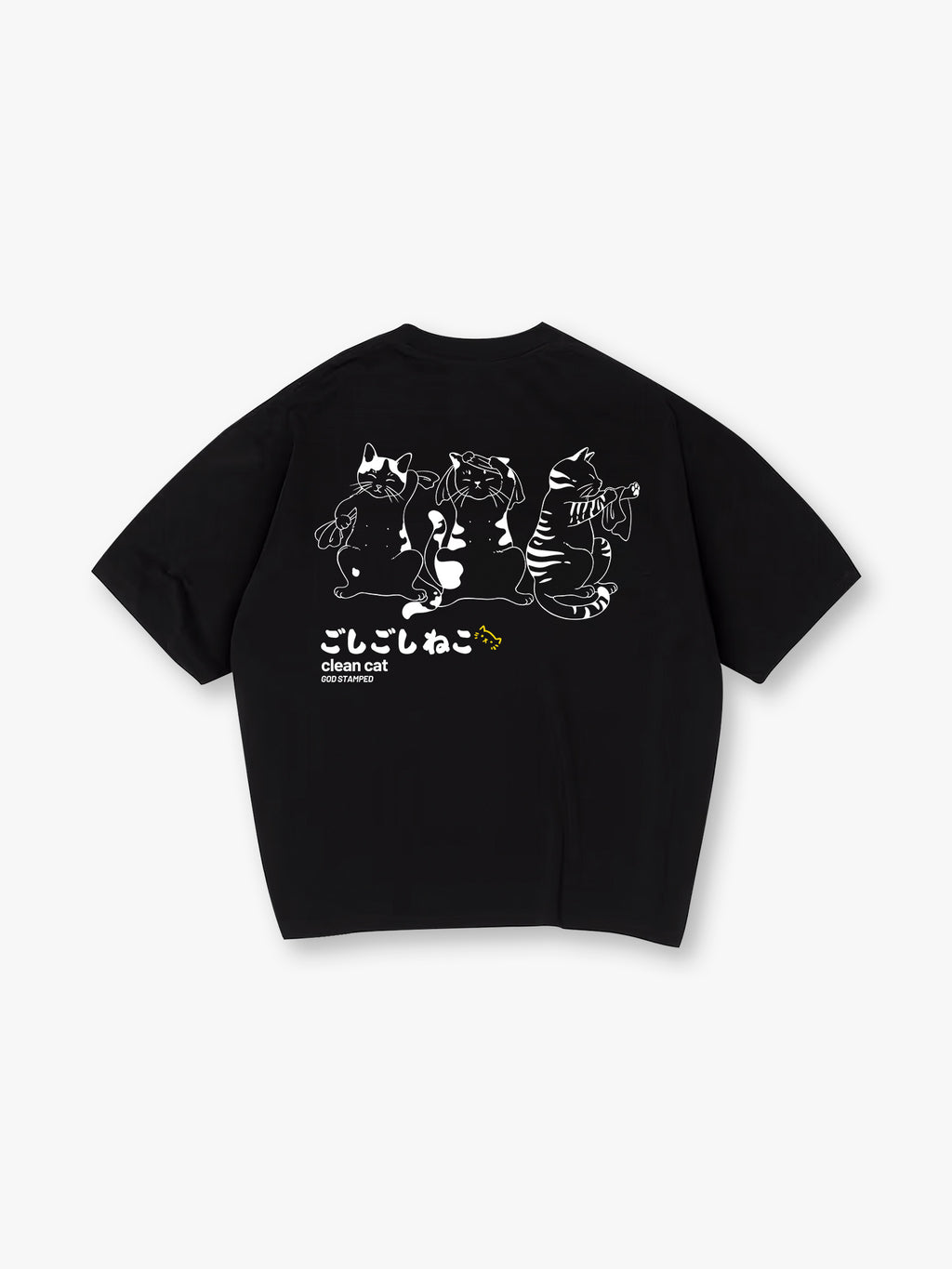 Clean Cat Japanese Line Art Back Print T-Shirt Cute Bathing Kitten Graphic Short Sleeve Tee