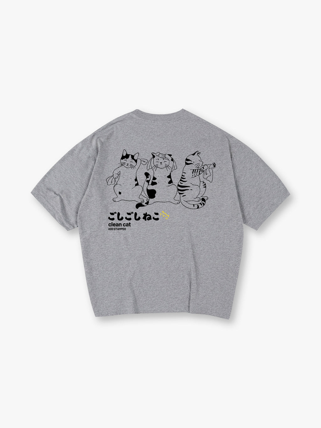 Clean Cat Japanese Line Art Back Print T-Shirt Cute Bathing Kitten Graphic Short Sleeve Tee