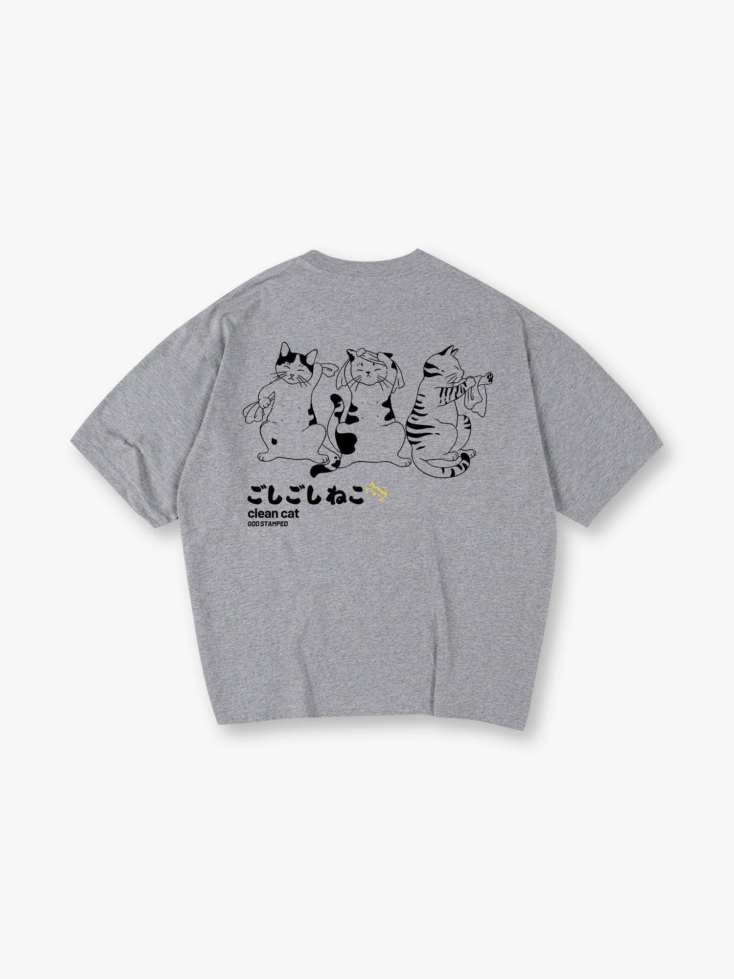 Clean Cat Japanese Line Art Back Print T-Shirt Cute Bathing Kitten Graphic Short Sleeve Tee