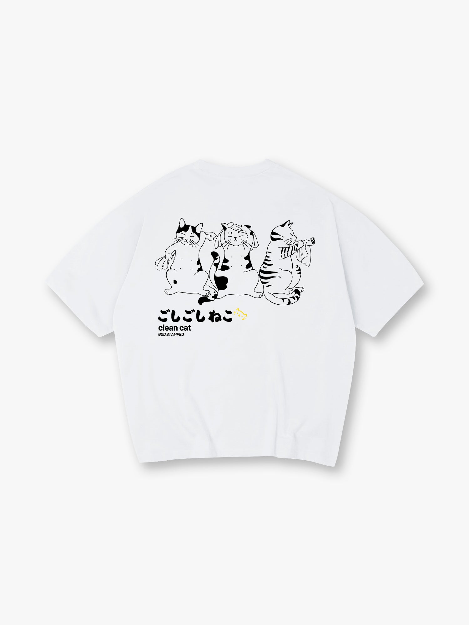 Clean Cat Japanese Line Art Back Print T-Shirt Cute Bathing Kitten Graphic Short Sleeve Tee