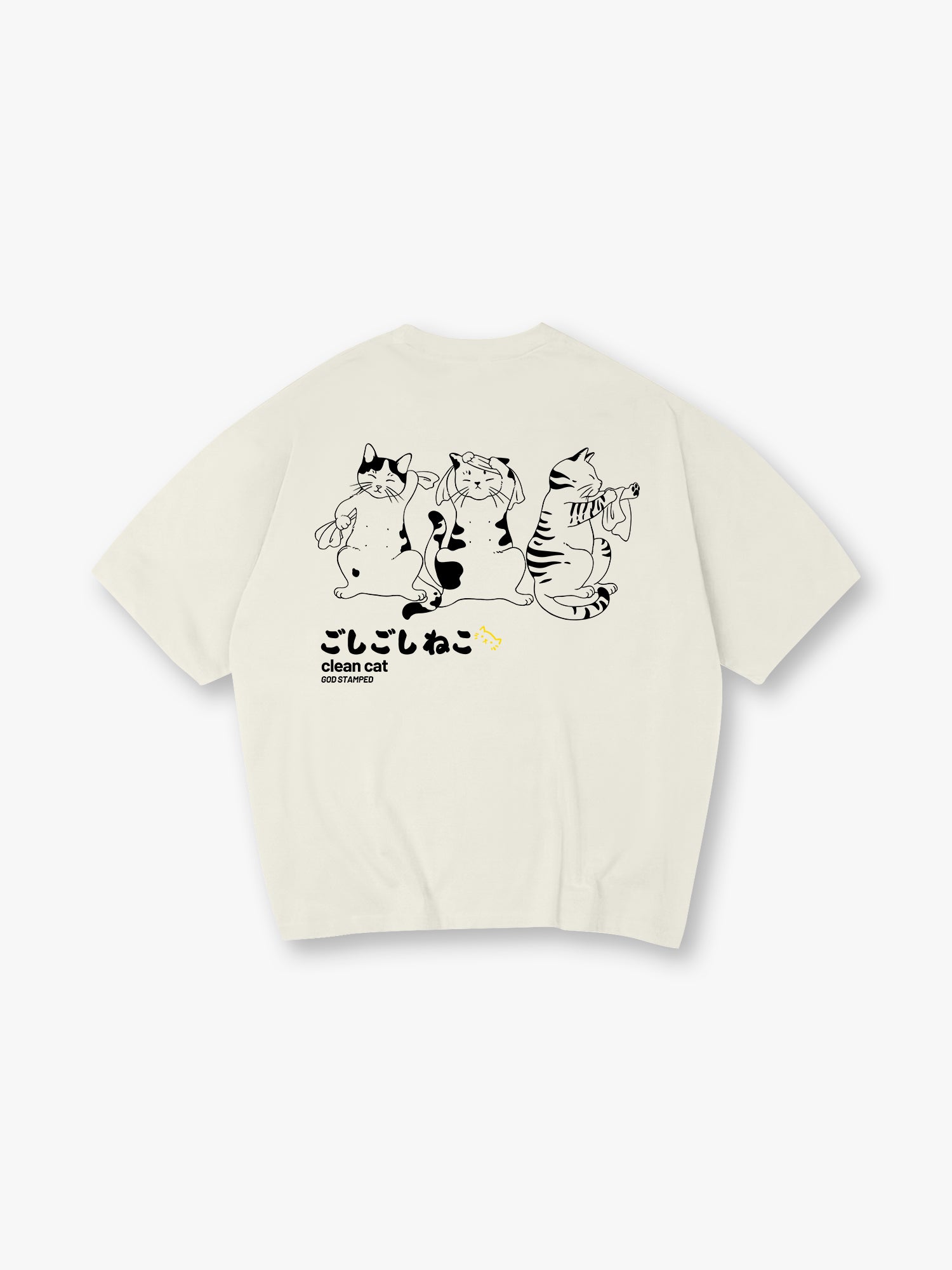 Clean Cat Japanese Line Art Back Print T-Shirt Cute Bathing Kitten Graphic Short Sleeve Tee