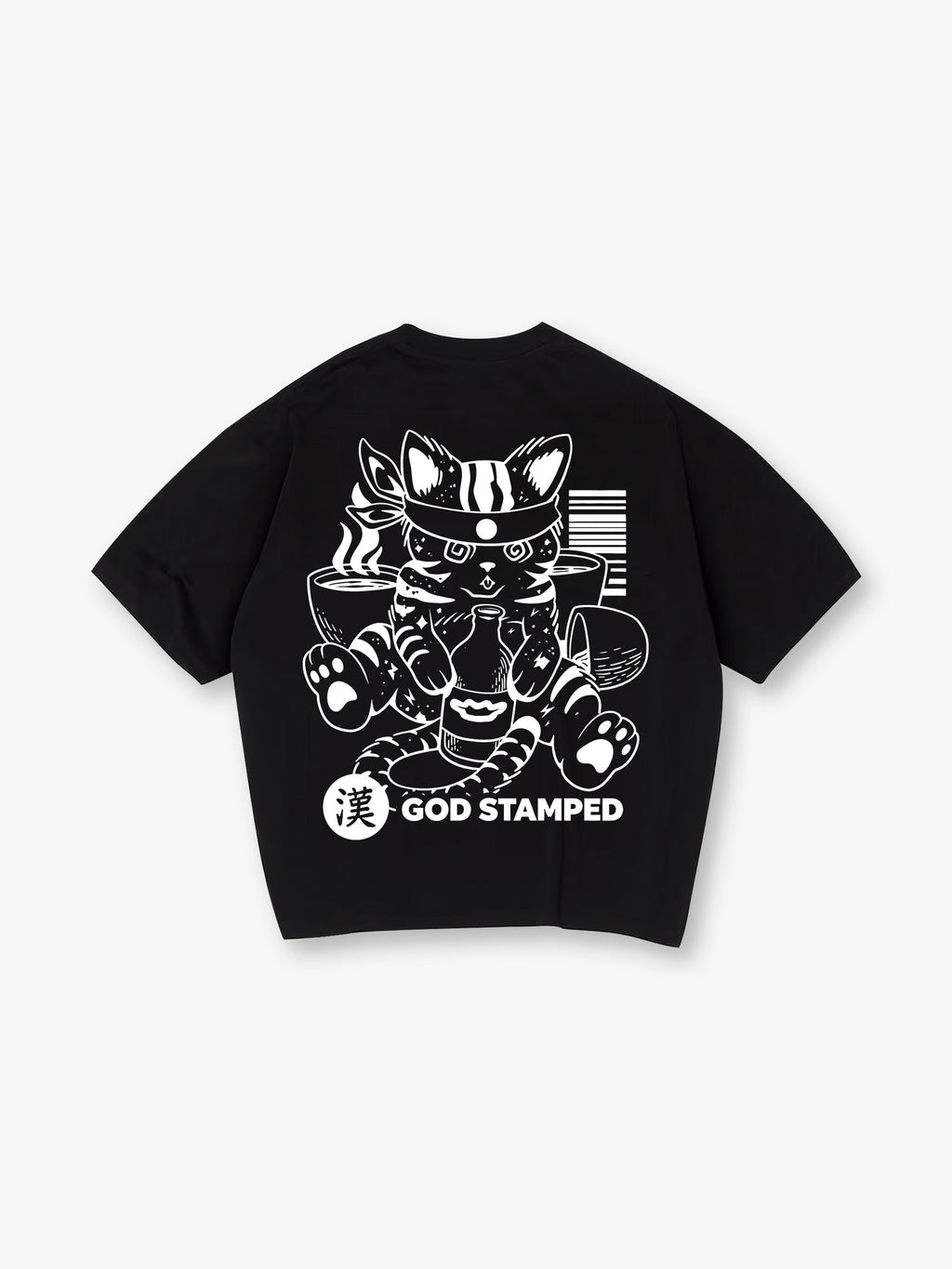Japanese Sake Cat Back Print T-Shirt Vintage Asian Cartoon Kitten Graphic Short Sleeve Tee
