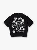 Japanese Sake Cat Back Print T-Shirt Vintage Asian Cartoon Kitten Graphic Short Sleeve Tee