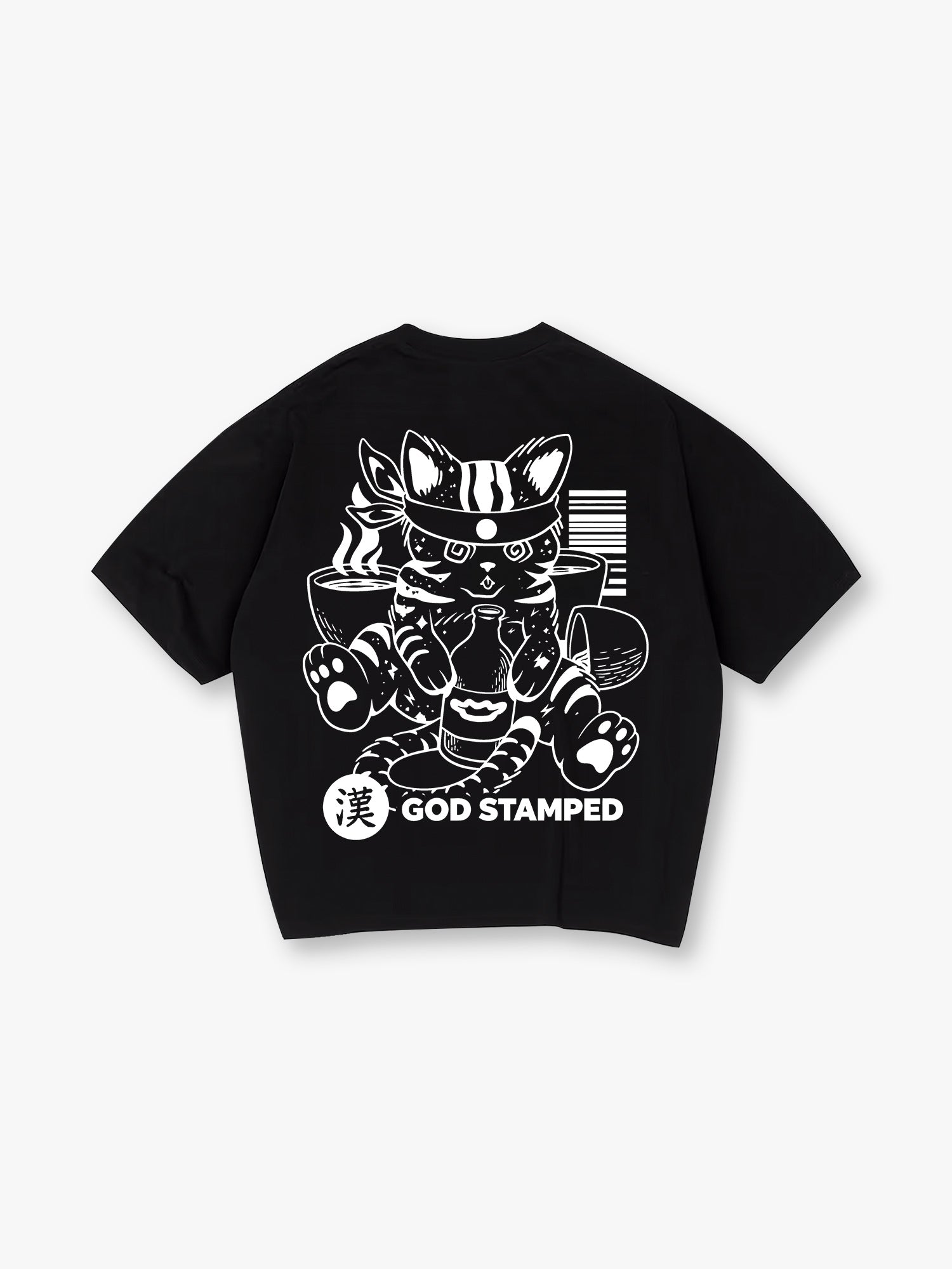 Japanese Sake Cat Back Print T-Shirt Vintage Asian Cartoon Kitten Graphic Short Sleeve Tee