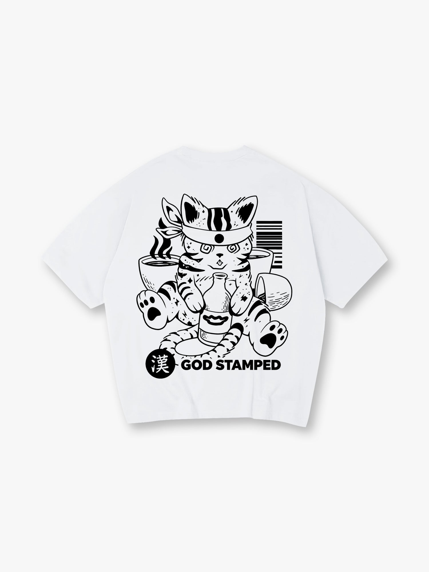 Japanese Sake Cat Back Print T-Shirt Vintage Asian Cartoon Kitten Graphic Short Sleeve Tee